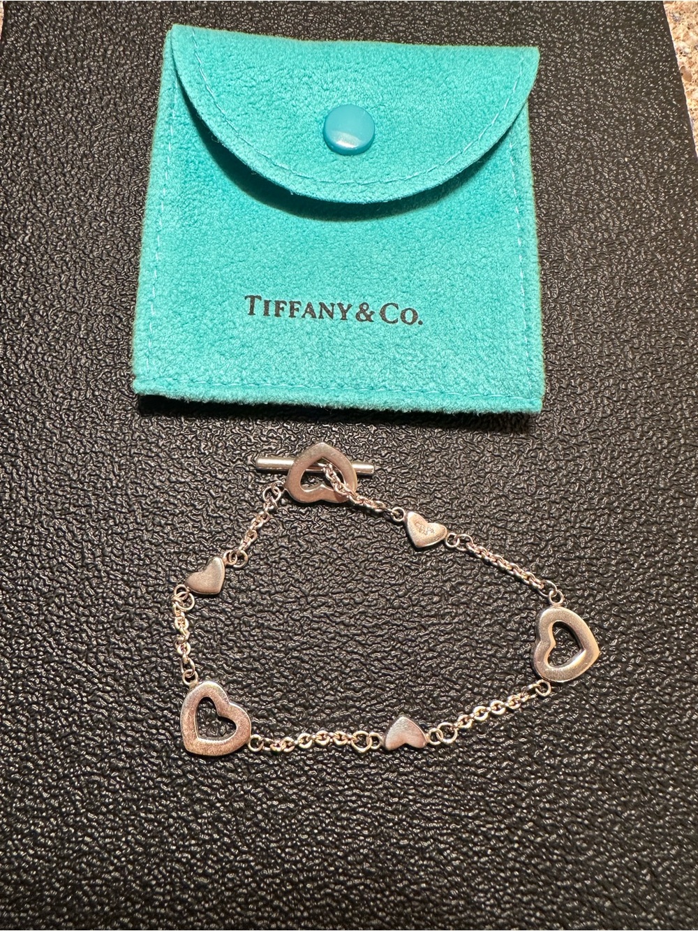 Tiffany & Co. 925 Sterling Silver Five Heart Toggle Bracelet 7” w/ Pouch